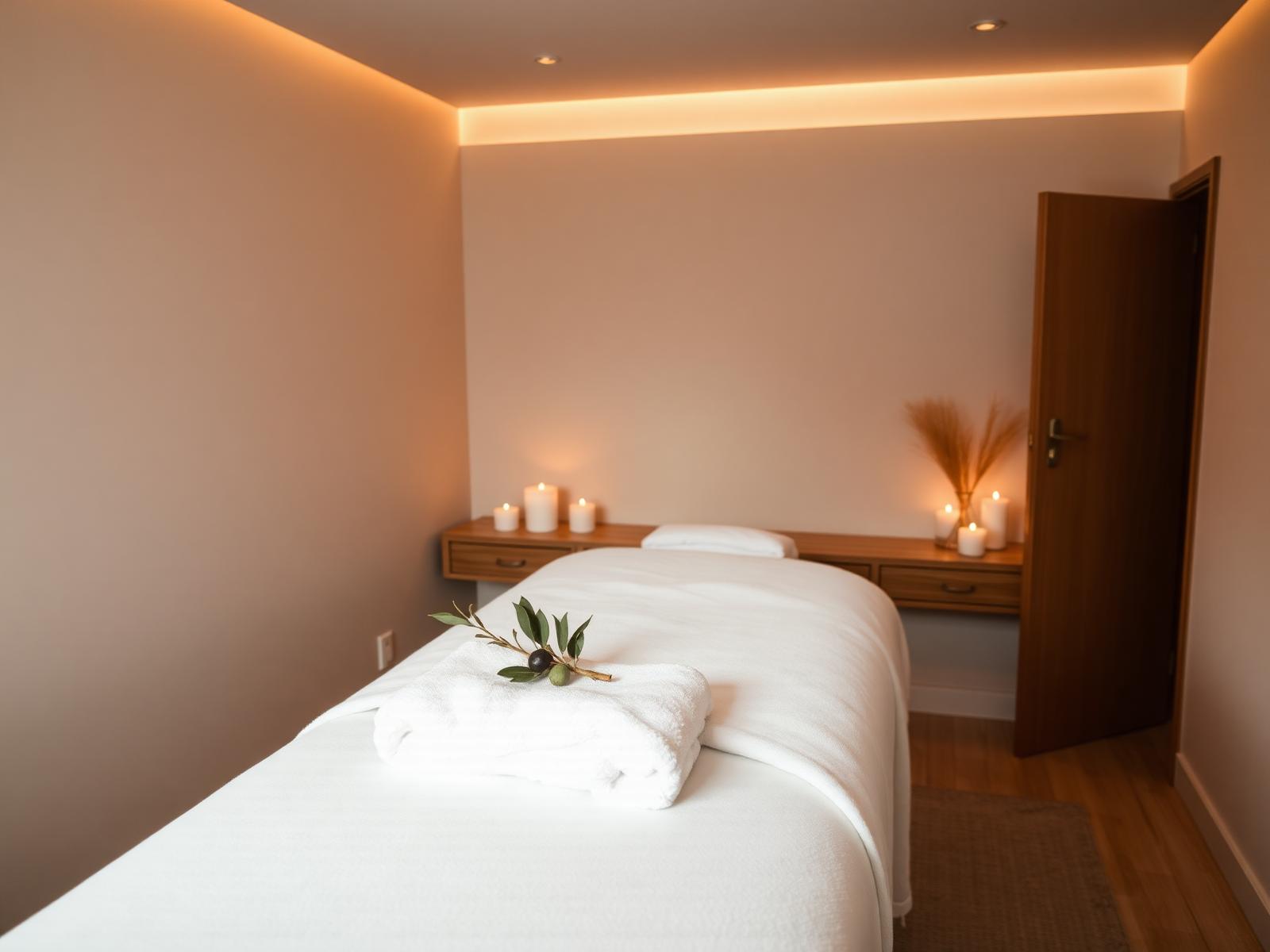 Calm, clean private treatment room with white towels, candles and an olive branch